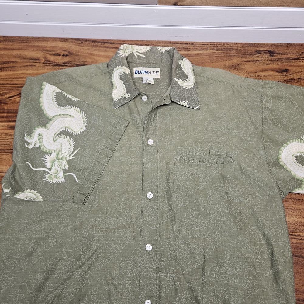 Vtg Burnside AOP Dragon‎ Print Short Sleeve Button Up Shirt Mens Size Lg Cotton